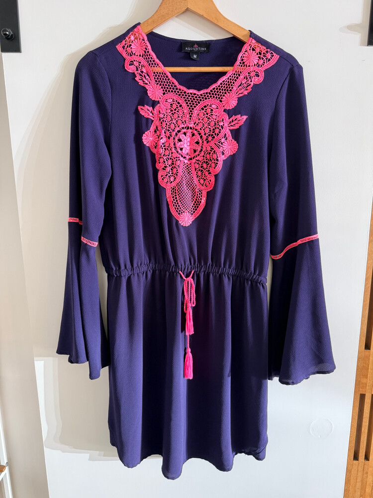 Augustine Boho Dress | Size M | Navy Hot Pink Lace Sequin Drawstring Waist