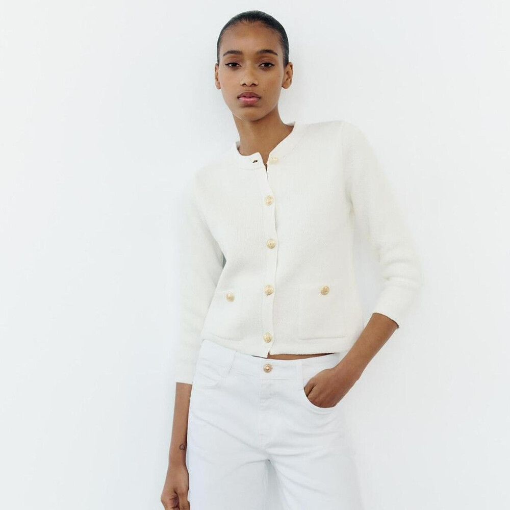 Zara White Cardigan Top With Gold Buttons
