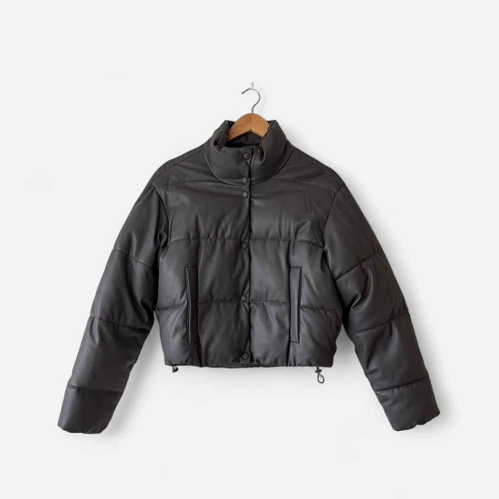 Zara Grey Faux Leather Quilted Puffer Jacket