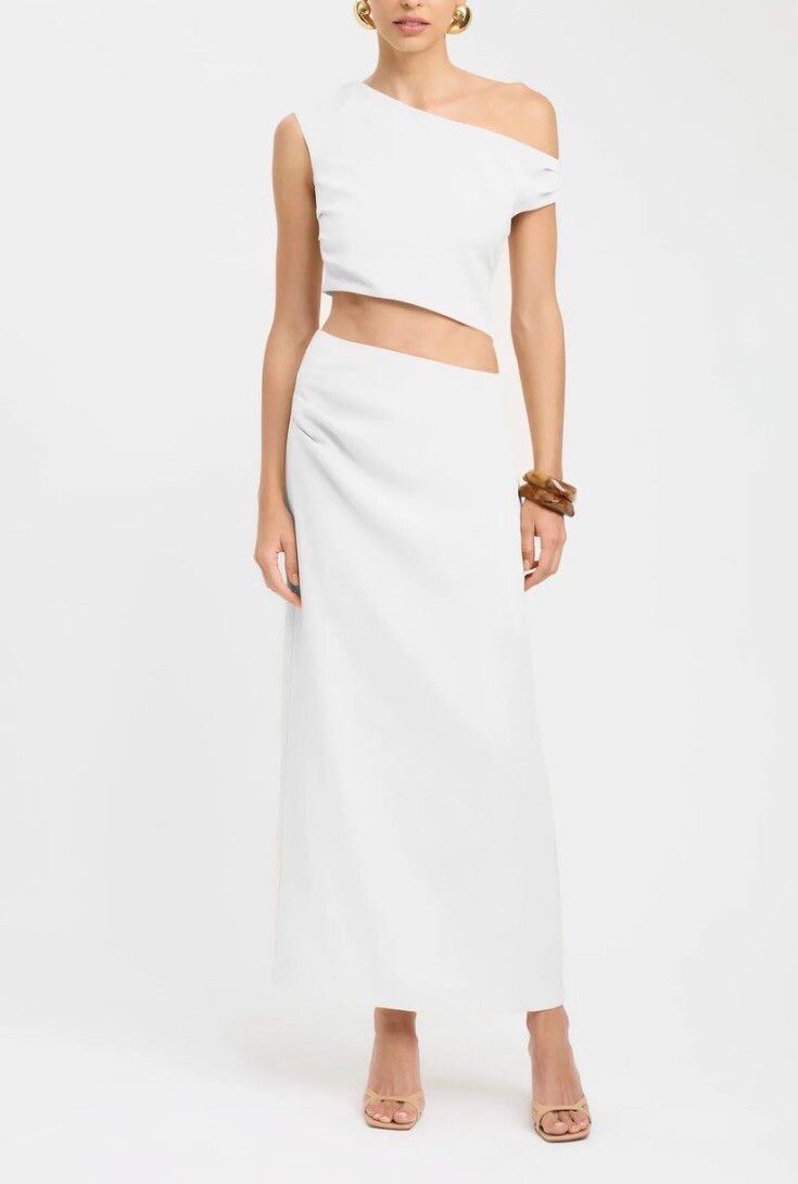 Kookai White One Shoulder Crop Top And Midi Skirt Set