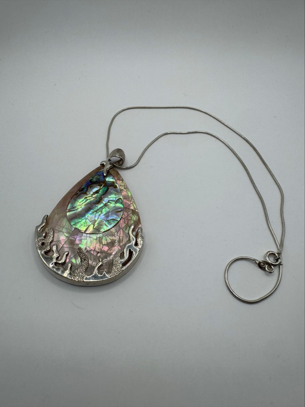 Mother of Pearl and silver pendant with silver snake chain