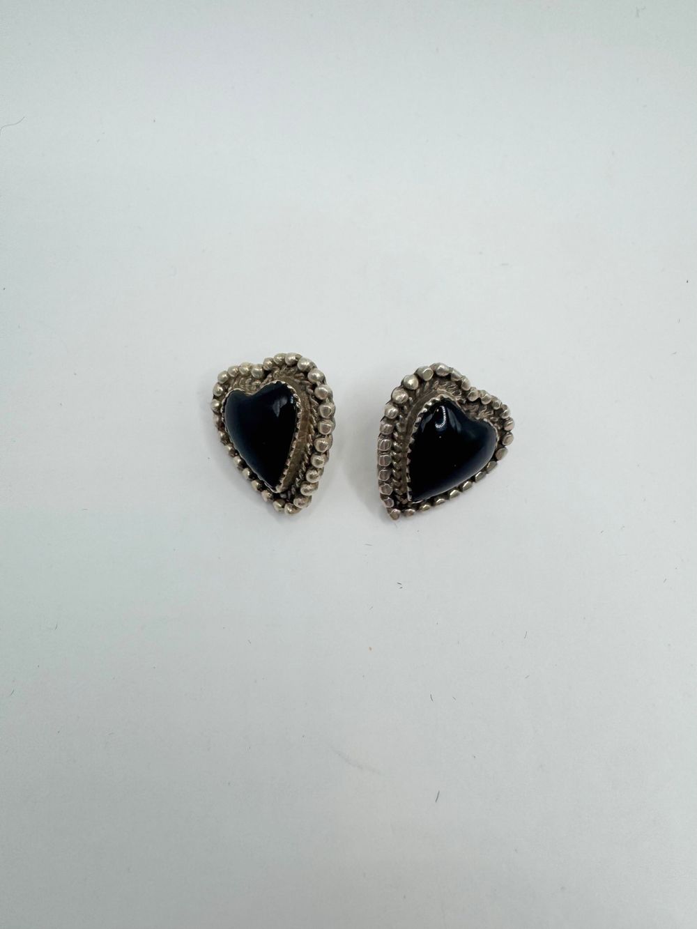 Sterling Silver marketed Black Heart post earrings - Black Onyx stop -10.3 grams