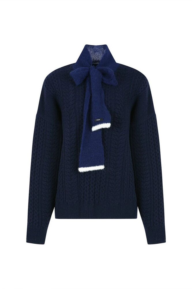 YCH NAVY HIGH NECK RIBBON WOOL SWEATER