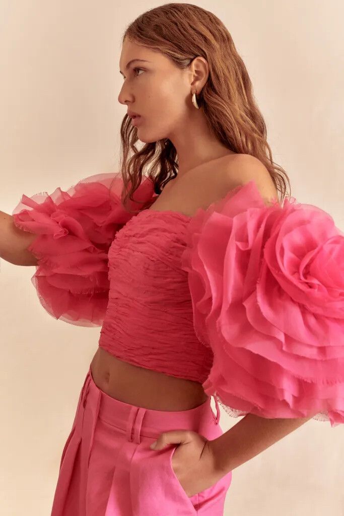 Aje Pink Ruched Crop Top With Rose Sleeves