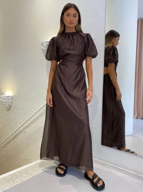 Sir Anje Puff Sleeve Gown In Chocolate