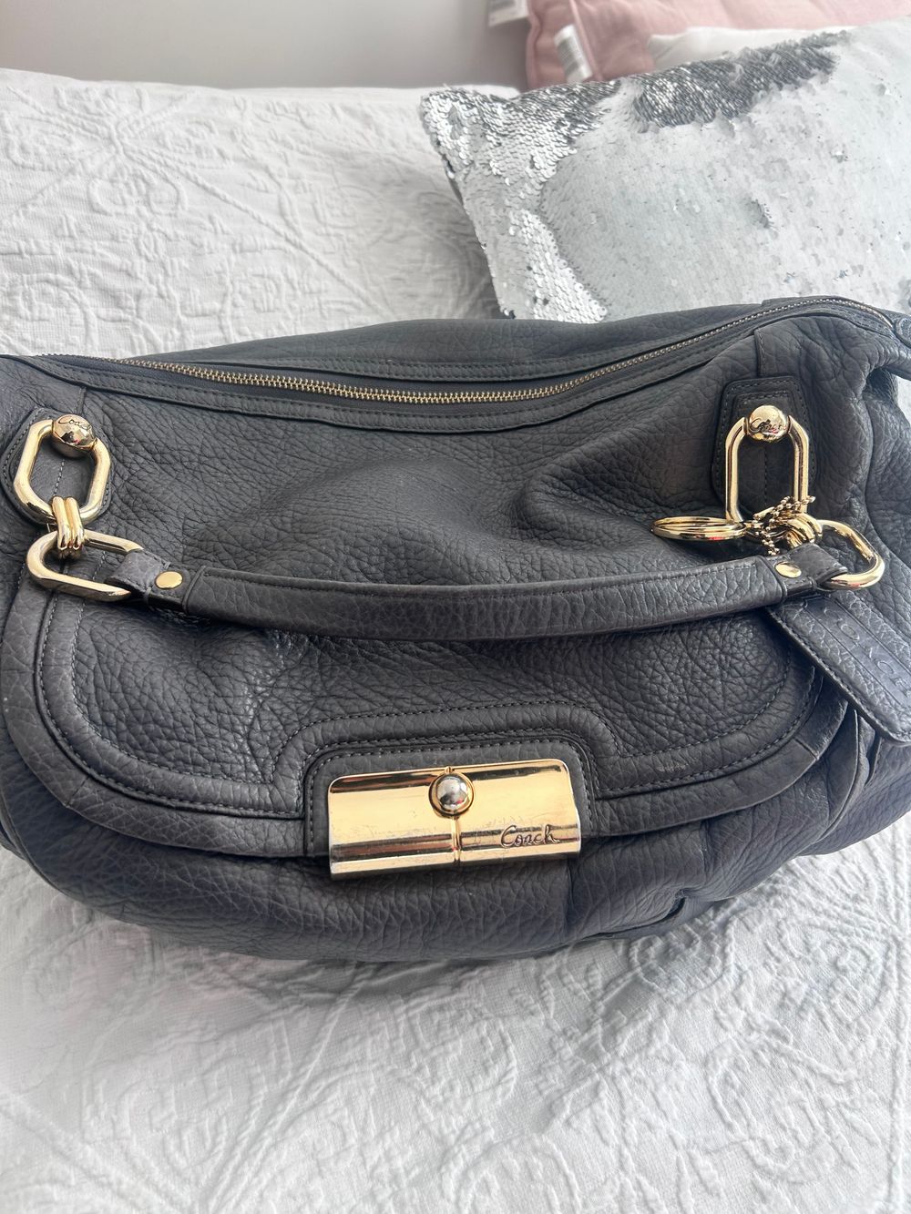 COACH KRISTIN GRAY LEATHER SHOULDER BAG WITH GOLD ACCENTS