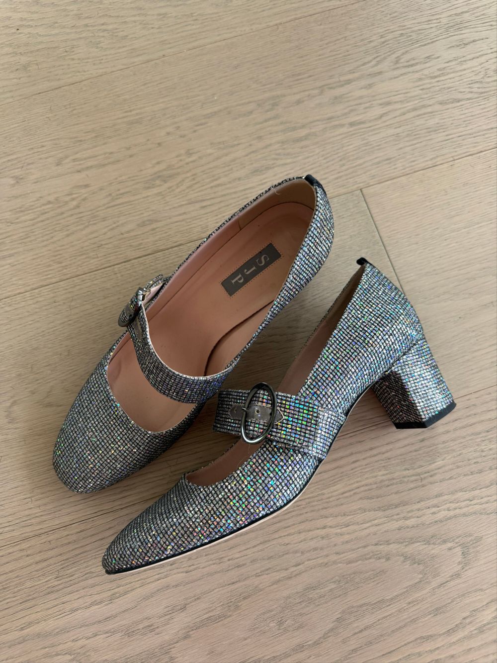 SJP Silver Glitter Mary Jane Heels