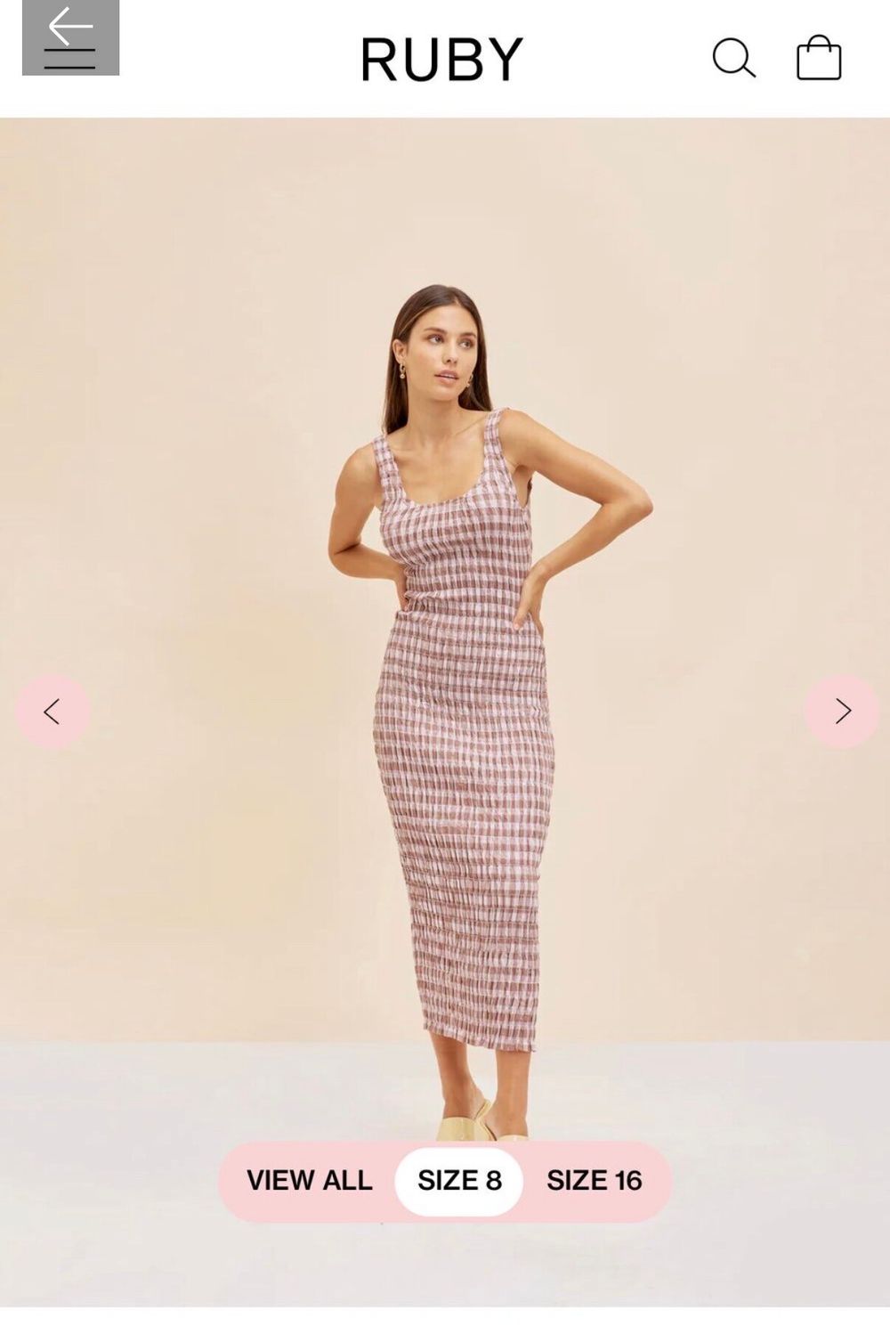 RUBY Brown and pink Gingham Smocked Midi Dress