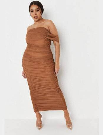 Mocha Mesh Ruched Bardot Midaxi Dress