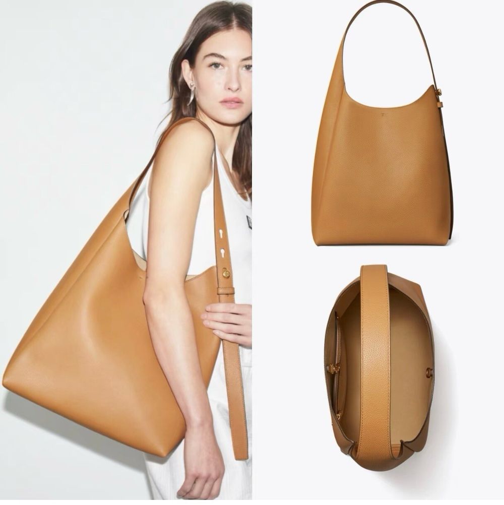 Tory Burch Romy Hobo Bag Tiramisu Brown Pebbled Leather Shoulder Bag OS