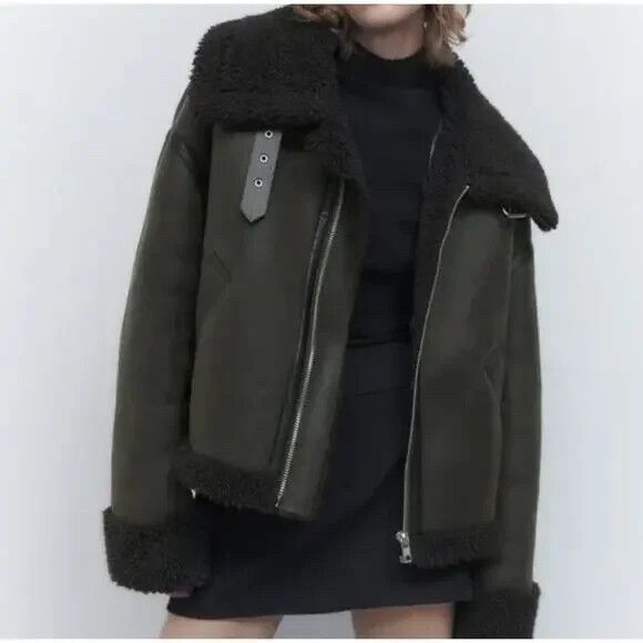 ZARA Olive Green Shearling Jacket