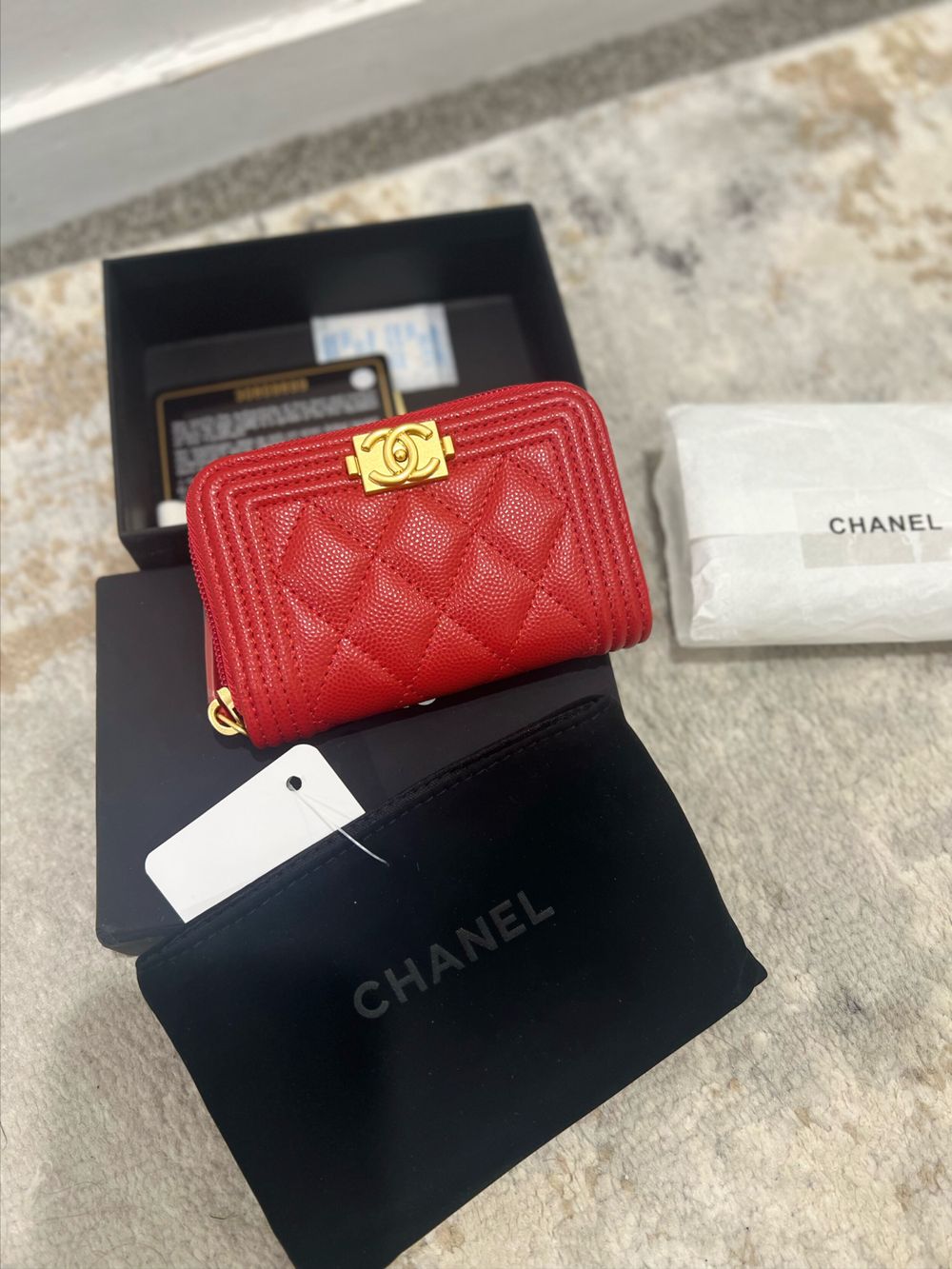 CHANEL BOY Red Quilted Zip Wallet