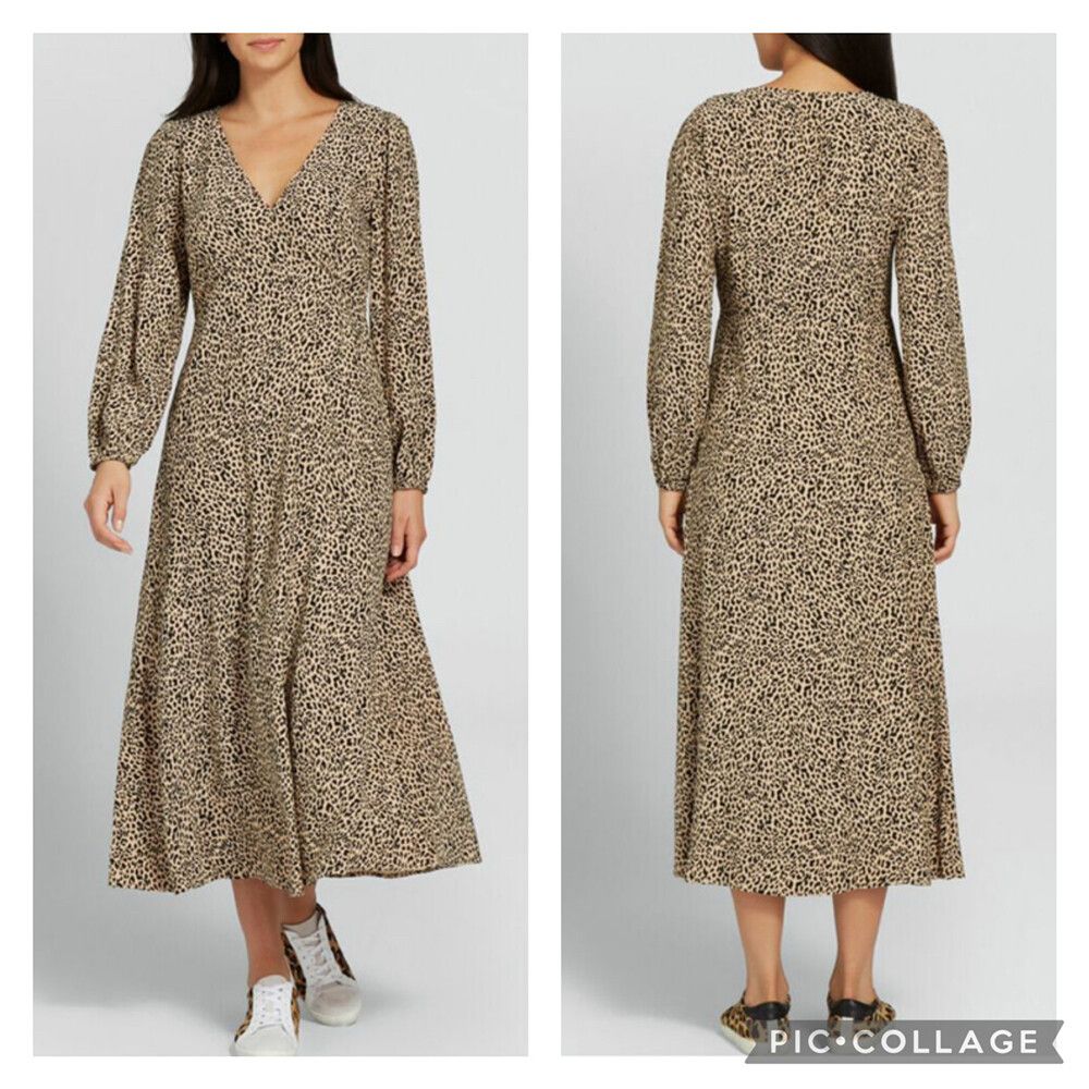 SEED HERITAGE Leopard Animal Print V Neck Long Sleeve Winter Midi Dress