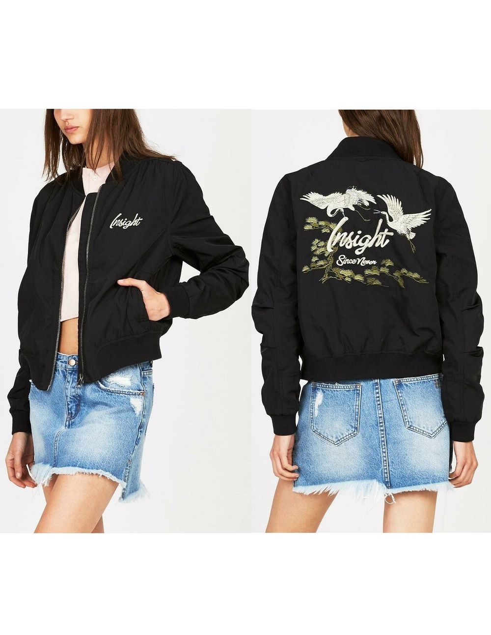 INSIGHT Embroidered Bird 90s Black Bomber Jacket
