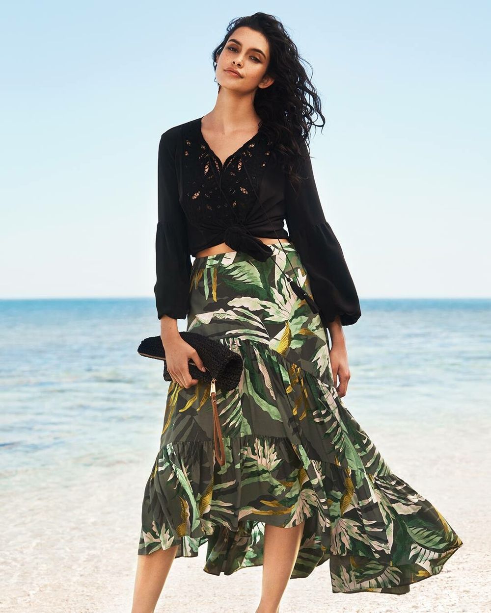 WITCHERY Limited Edition Bora Bora Tropical Island Palm Green Tiered Midi Skirt