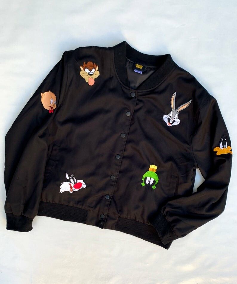 LOONEY TUNES Space Jam Embroidered Cartoon Black Bomber Jacket