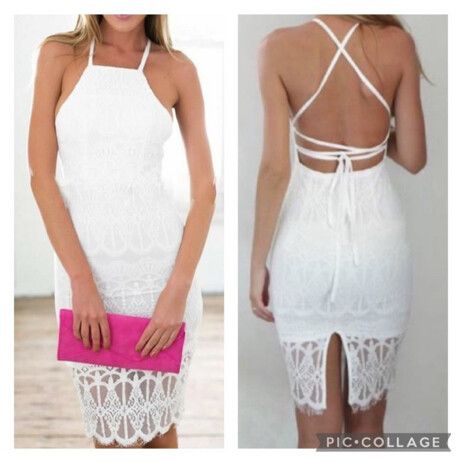Xenia Boutique - XENIA BOUTIQUE First Class White Lace Bridal Halter Open  Back Midi Pencil Dress NWT on Designer Wardrobe