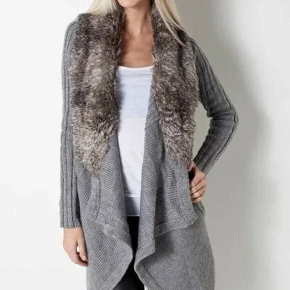 JOHN + JENN Wool Blend Grey Faur Fur Collar Draped Waterfall Cardigan Coat