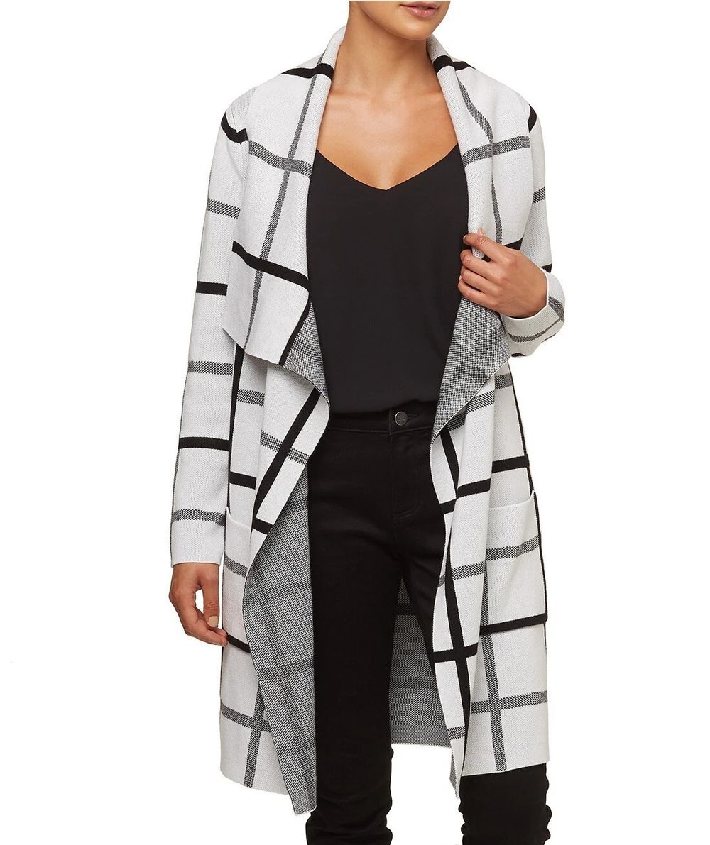 SPORTSGIRL Grey White Black Grid Check Cotton Knit Longline Cardigan RP$129