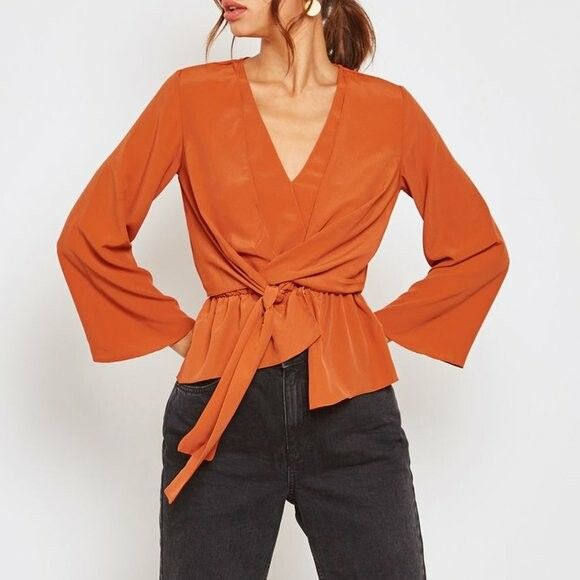 TOPSHOP Burnt Orange Long Sleeve Layered Peplum Tie Front Wrap Top Blouse