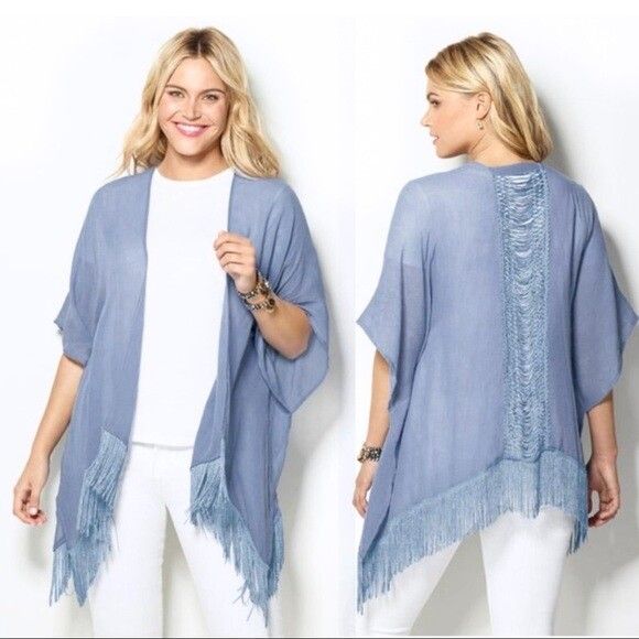 Blue Boho Crochet Fringe Tassel Duster Kimono