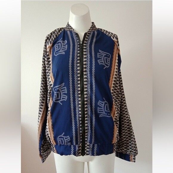 ISHKA Navy Boho Patchwork Elephant Print Zip Bomber Jacket