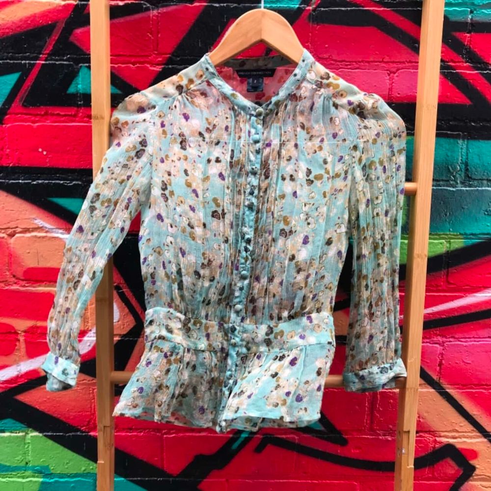 FRENCH CONNECTION Silk Floral Sheer Button Up Long Sleeve Blouse