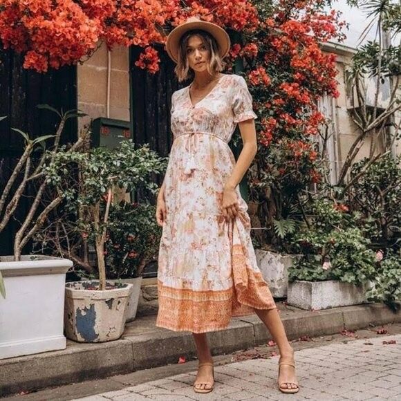 PAPER HEART Carmen White Floral Boho Midi Dress NWT