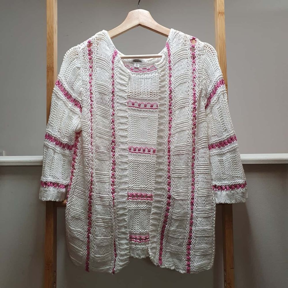 MEREDITH Cotton Chunky Knit White Pink Spring Cardigan