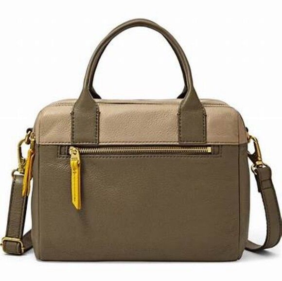 FOSSIL Erin Leather Khaki Double Zip Satchel Shoulder Carry Bag