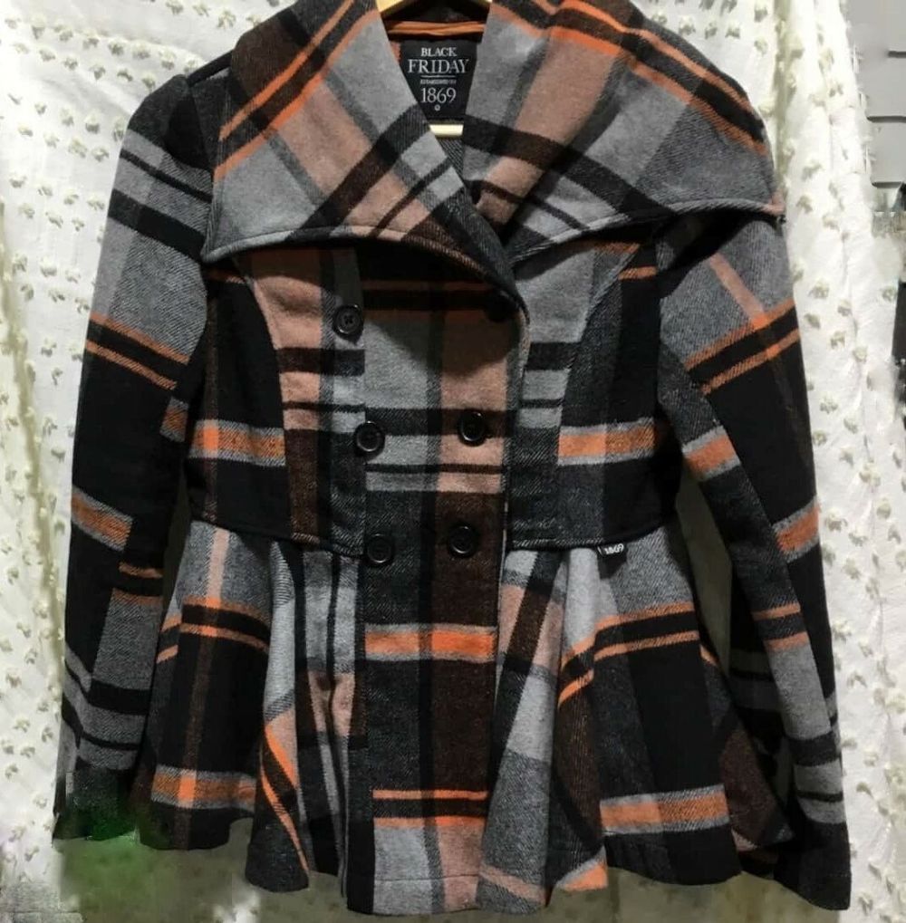 BLACK FRIDAY by DANGERFIELD Plaid 90s Orange Grey Double Breasted Coat Jacket