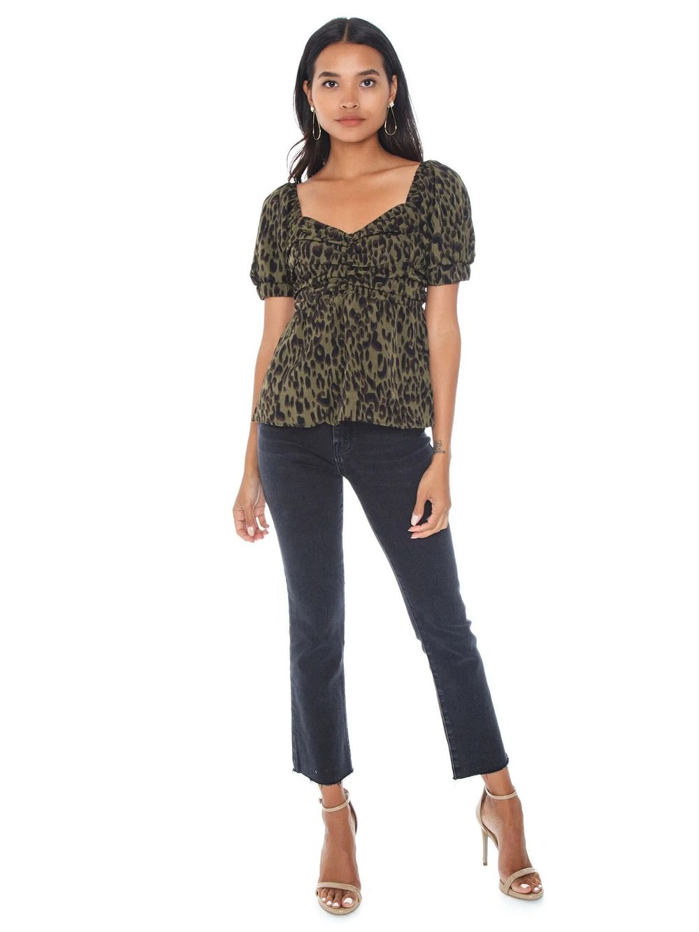 LOST IN LUNAR Callie Puff Sleeve Shirred Blouse Top in Khaki Animal Print NWT