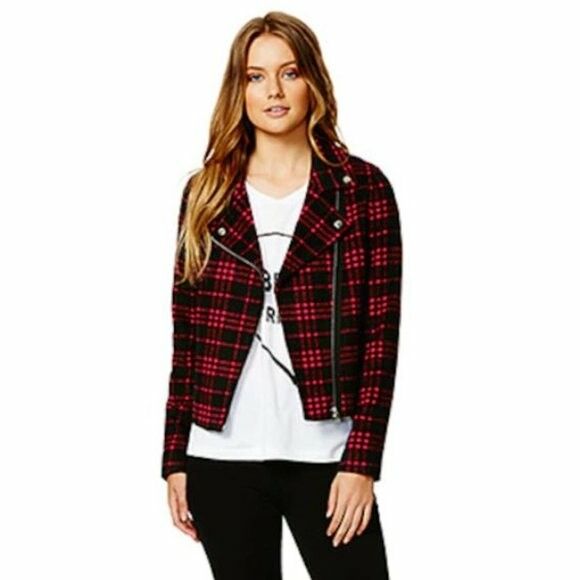 Wool Felted Plaid Red Black Winter Zip Biker Jacket