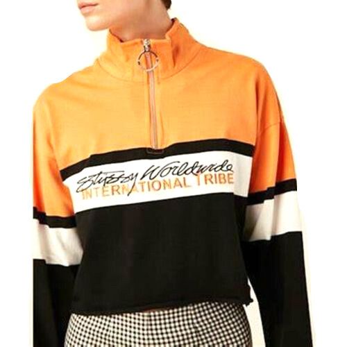 STUSSY Worldwide International Tribe Orange Gym Zip Turtleneck Cropped Sweater Jumper