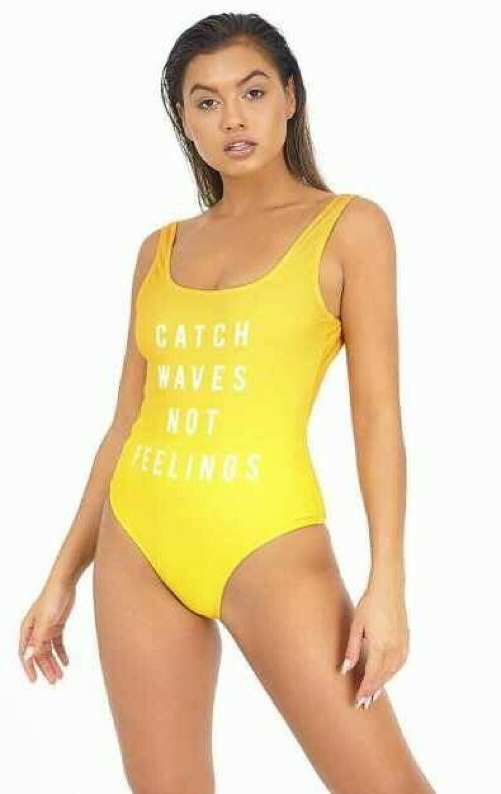 NWT BRAVE SOUL Catch Waves Not Feelings Yellow 90s One-Piece Swimsuit