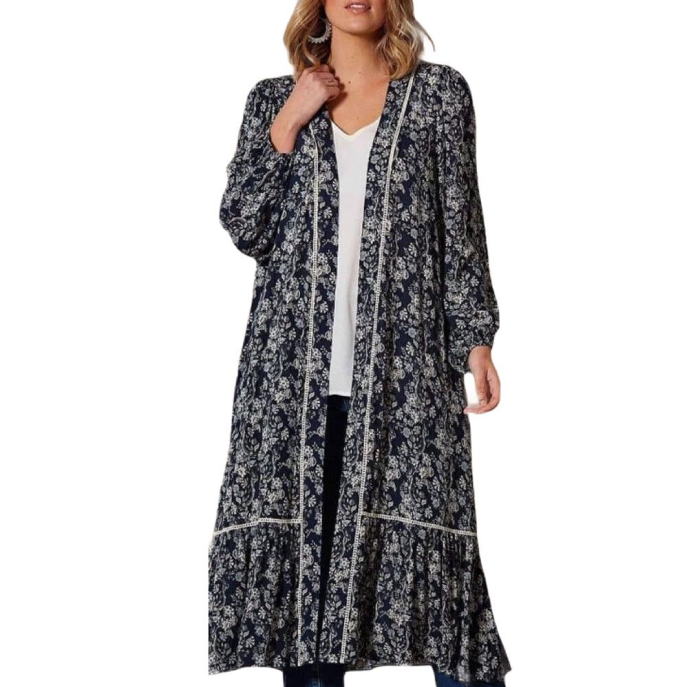 Blue Winter Floral Long Sleeve Longline Kimono Duster Jacket NWT