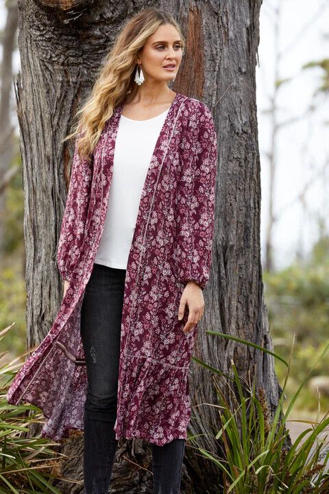 Cherry Maroon Winter Floral Long Sleeve Longline Duster Kimono NWT