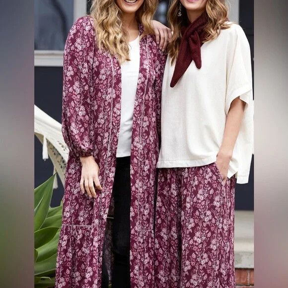 Cherry Maroon Winter Floral Long Sleeve Longline Duster Kimono NWT