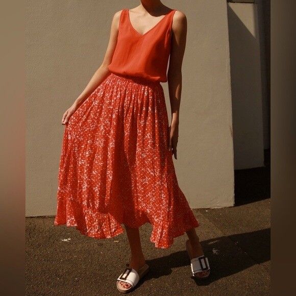 SEED HERITAGE Red White Floral Flowing Midi Skirt