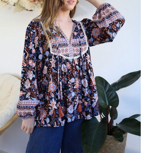 SALTY BRIGHT Bree Boho Black Floral Long Sleeve Top Blouse NWT