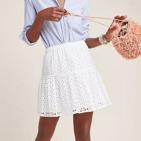 FRYE x ANTHROPOLOGIE Talia Eyelet White Broderie High Waisted Mini Skater Skirt