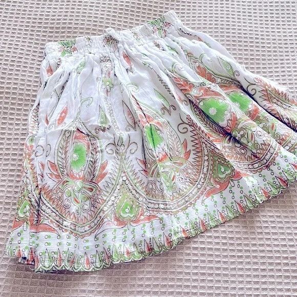 TREE OF LIFE Boho Sequin White Orange Green High Waisted Skater Mini Skirt