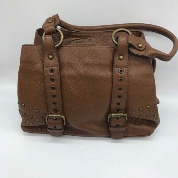 Italian Leather Studded Brown Buckle Front Handbag