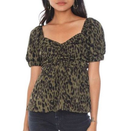 LOST IN LUNAR Callie Puff Sleeve Shirred Blouse Top in Khaki Animal Print NWT
