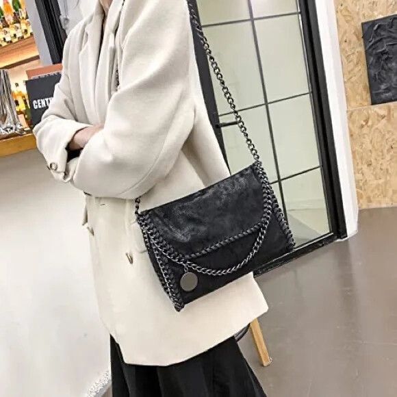 Black Shimmer Chain Edge Envelope Clutch Crossbody Shoulder Bag Handbag