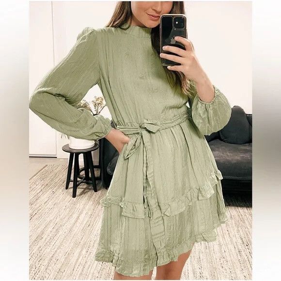 Paper Heart - PAPER HEART Sage Green Long Sleeve Belted Mini Dress NWT on  Designer Wardrobe