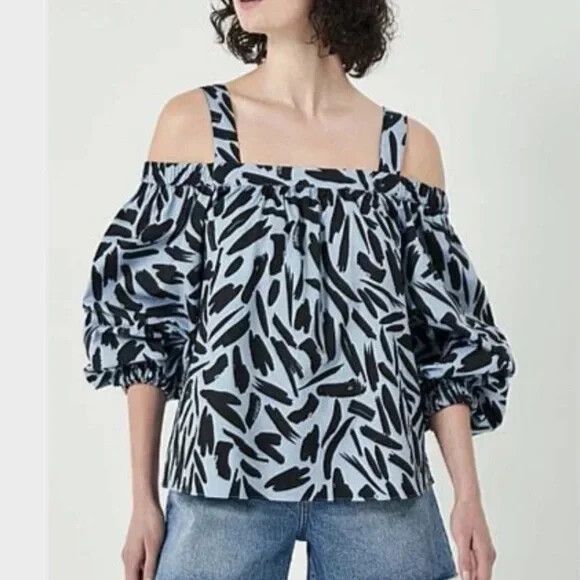 WITCHERY Blue Black Print Cotton Puff Sleeve Cold Shoulder Top Blouse
