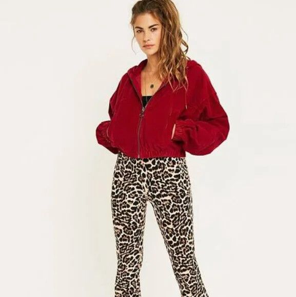 URBAN OUTFITTERS Red Cord Corduroy Cropped Hoodie Zip Puffer Jacket