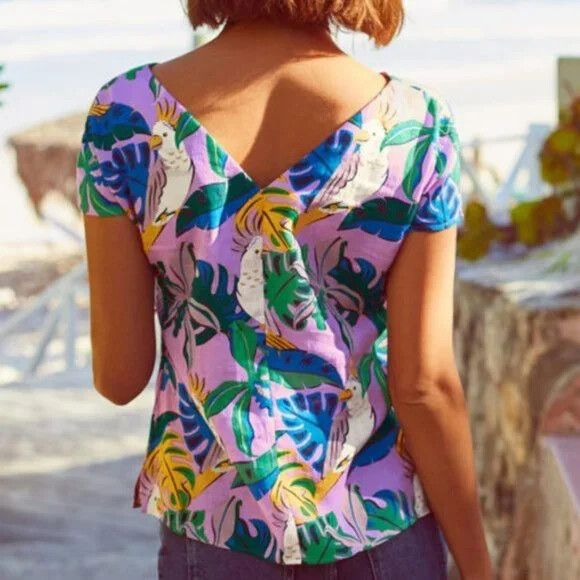 BODEN Linen Lilac Cockatoo Parrot Print Blouse Top NWT
