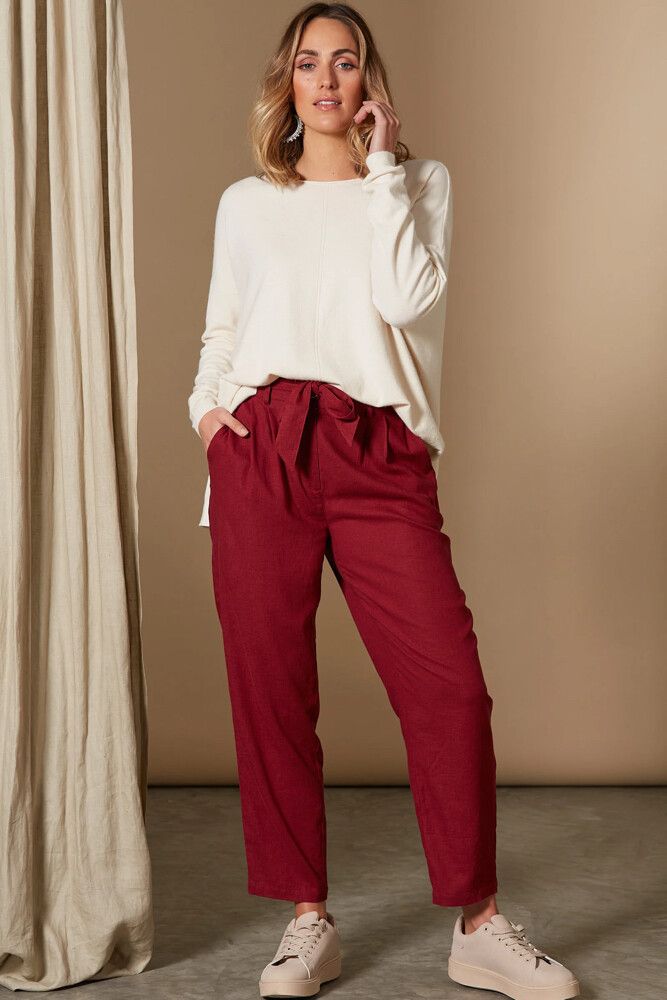 Ruby Red Linen Belted Trousers Pants NWT